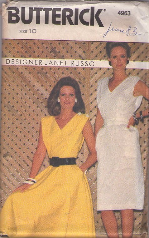 Butterick 4963 Vintage 80's Sewing Pattern Summer Dress Set, Designer Janet Russo 50s Style Summer V Neck Sheath or Flared Skirt Day Dress Sun Dress Size 10