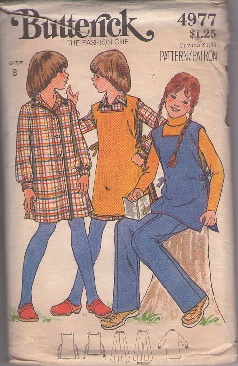 Butterick 4977 Vintage 70's Sewing Pattern Girls' School Separates, Mix & Match Coat Dress, Sandwich Board Tunic Top Vest, Pants Size 8