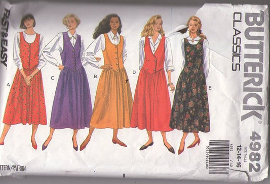 Butterick 4982 Vintage 90's Sewing Pattern Classics Jumper, Dress Set, Pointed Basque Waist, Buttons or Pullover 5 Styles Size 12-16