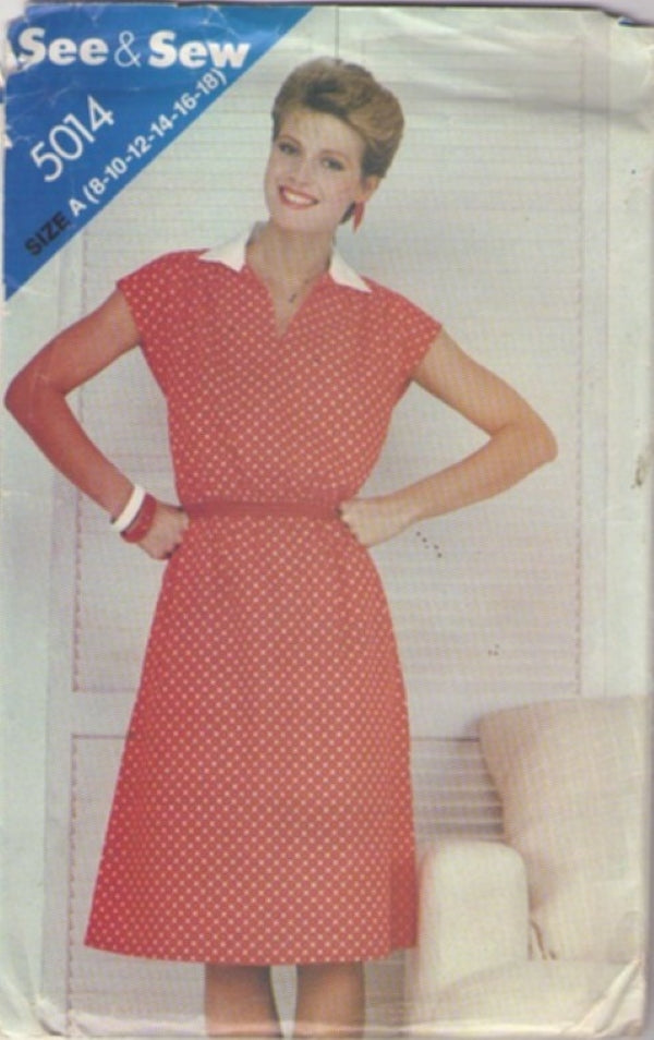 Butterick 5014 Vintage 80's Sewing Pattern Easy See & Sew Secretary Cap Sleeve Dress, Collar, Size 8-18