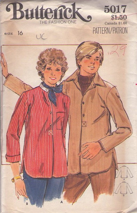 Butterick 5017 Vintage 70's Sewing Pattern Boys' Shirts, Hippie Era Pointed or Nehru Collar Shirt, Contrast Size 16