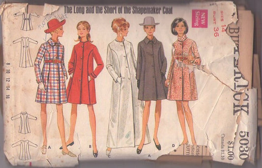 Butterick 5030 Vintage 60's Sewing Pattern Mod Princess Seams Coat, Opera, Mini or Knee Length, Twiggy, Shapemaker Coats Size 14