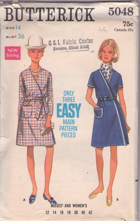 Butterick 5048 Vintage 60's Sewing Pattern Mod Wrap Dress, Easy Front Wrap Around, V Neck Dress Size 14