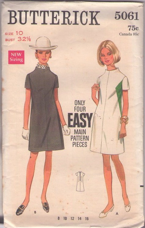Butterick 5061 Vintage 60's Sewing Pattern Mod Dress, Twiggy Contrast Triangular Side Inserts, Funnel Neck Day Dress 2 Styles Size 10