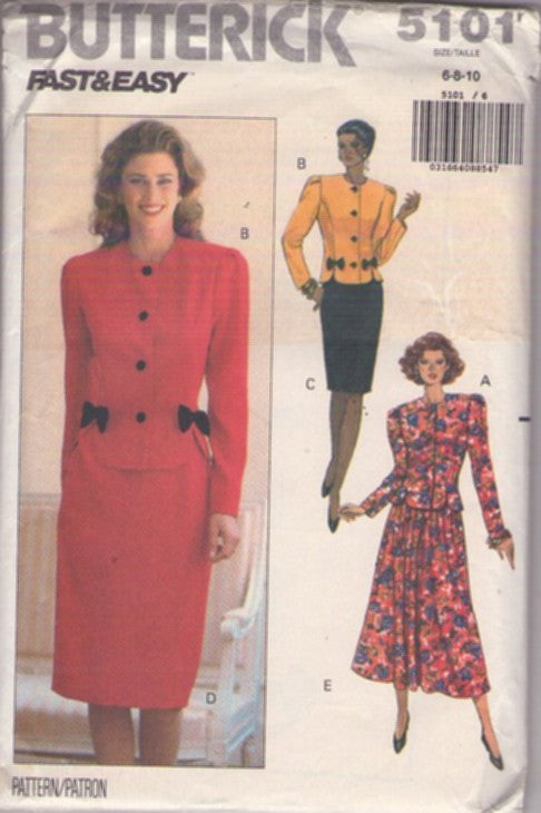 Butterick 5101 Vintage 90's Sewing Pattern Career Suit Dress, Dynasty 2 Piece Power Suit Dress, Jacket Top Blouse, Slim or Flared Skirt Size 6-10