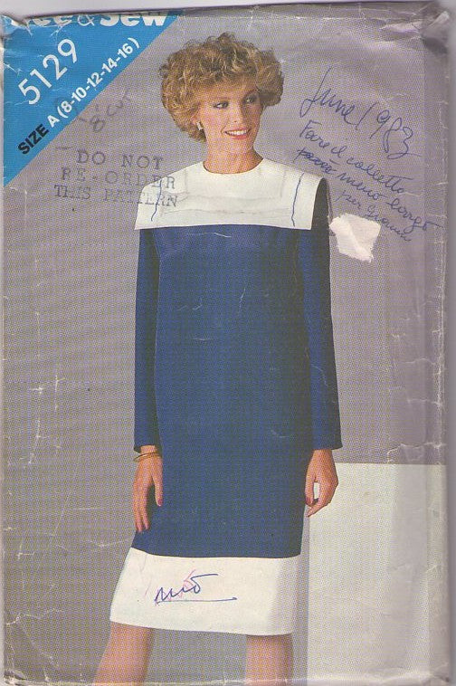 Butterick 5129 Vintage 90's Sewing Pattern Nautical Dress, See & Sew, Straight Fit Sailor Collar, Secretary Column Dress, Band Trim Size 8-10