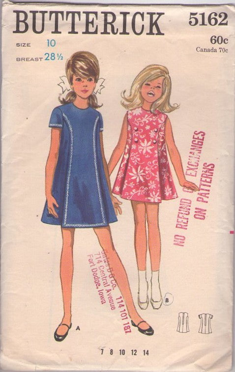 Butterick 5162 Vintage 60's Sewing Pattern Girls' Dress, Mod Trimmed Front Panel Pleat School Dress, Regular or Mini Size 10