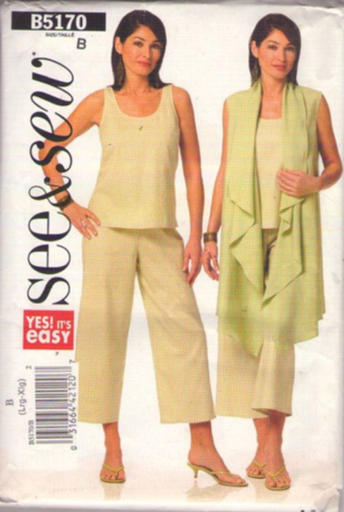 Butterick 5170 Retro 2008 Sewing Pattern Summer Separates, Yes! It's Easy Tank Top, Capri Pants, Draped Front Jacket Cover Up Size L-XL