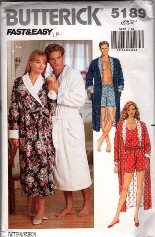 Butterick 5189 Vintage 90's Sewing Pattern Fast & Easy Unisex Shawl Collar Robe, Bathrobe, Tank Top, Boxer Shorts PJs Size XS-M