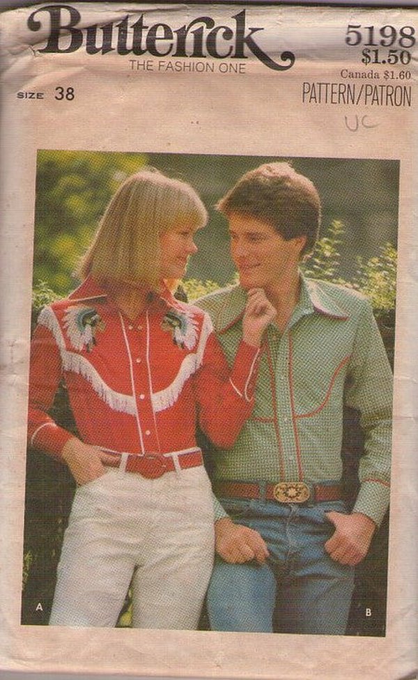 Butterick 5198 Vintage 70's Sewing Pattern Western Shirts, Pearl Snaps, Rockabilly Cowboy, Shirt, Fringe, Piping Trim Size 38 UNCUT