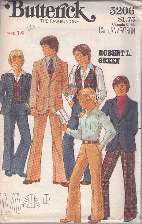 Butterick 5206 Vintage 70's Sewing Pattern Teen Leisure Suit, Designer Robert L. Green Young Men's Bell Bottom Fly Front Trousers, Blazer Jacket, Vest 3 Piece Suit Size 14