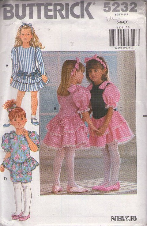 Butterick 5232 Vintage 90's Sewing Pattern Girls' Dress, Fancy, Party, Drop Waist, Peplum Skirt or Tiered Flounces 4 Styles Size 5-6X