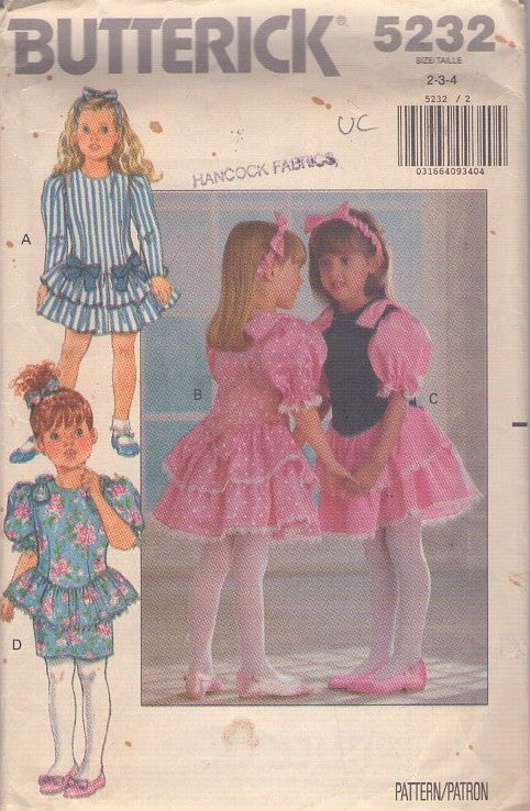 Butterick 5232 Vintage 90's Sewing Pattern Girls' Dress, Fancy, Party, Drop Waist, Peplum Skirt or Tiered Flounces 4 Styles Size 2-4