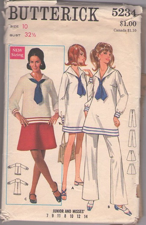 Butterick 5234 Vintage 60's Sewing Pattern Mod Separates, Cracker Jack, Sailor Collar Tunic Top Blouse, Micro Mini Dress, A-Line Flared Skirt & Wide Legged Pants Size 10