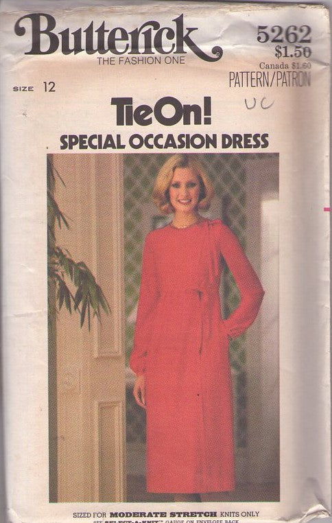 Butterick 5262 Vintage 70's Sewing Pattern Day Dress, Charming Tie On! Special Occasion Dress, Asymmetrical Front Wrap Knits Dress Size 12