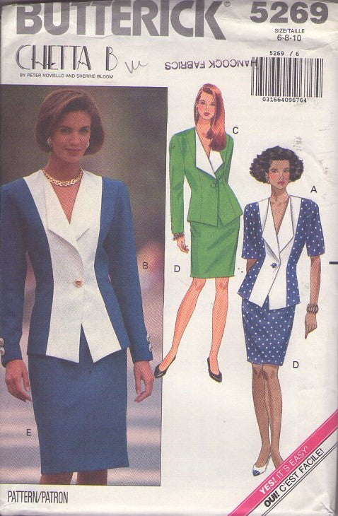 Butterick 5269 Vintage 90's Sewing Pattern Designer Power Suit, Chetta B Easy 2 Piece Suit Dress, 2 Tone Colorblock Jacket Blouse, Slim Sheath Skirt Size 6-10