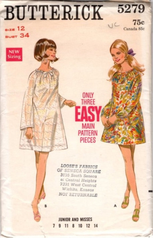 Butterick 5279 Vintage 60's Sewing Pattern Swell Mod Mini Dress, Drawstring Neckline, Lace Beach or Gogo Short Styles Size 12