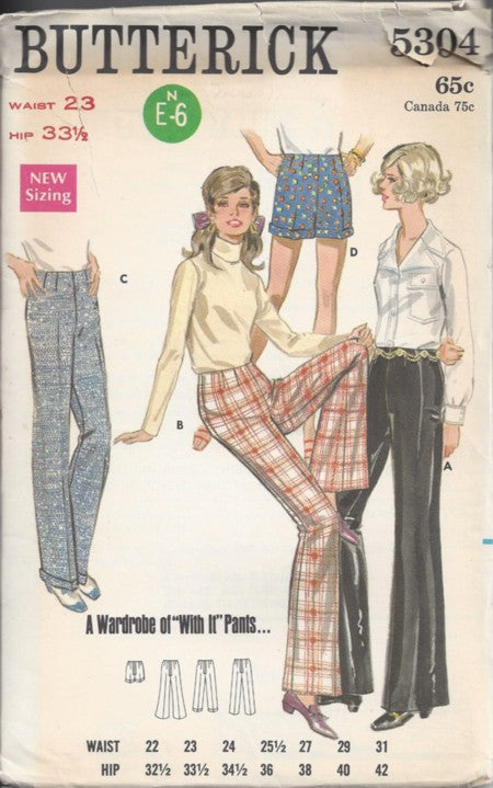 Butterick 5304 Vintage 60's Sewing Pattern Mod Pants, High Waisted Dart Fitted Shorts, Cuffed Pants, Wardrobe of With It Pants Waist 23 Size S