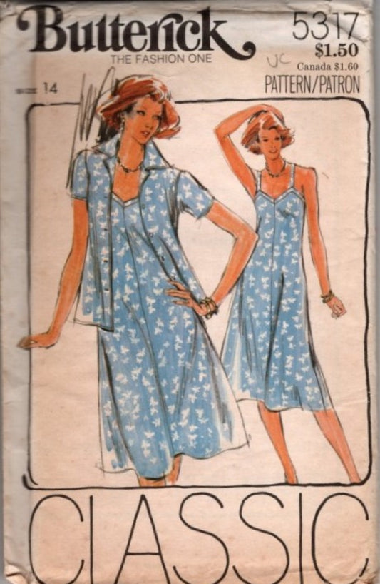 Butterick 5317 Vintage 70's Sewing Pattern Classics Sun Dress, V Neck, Fit & Flared, Shirt Jacket Size 14