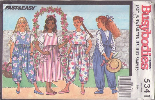 Butterick 5341 Vintage 90's Sewing Pattern Girls' Jumpsuits, Jumper, Dress, Easy Funwear, Busybodies, Cottagecore Modest Jumper Dress, Jumpsuit, 3 Styles Size 12-14