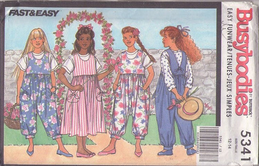 Butterick 5341 Vintage 90's Sewing Pattern Girls' Jumpsuits, Jumpers, Easy Funwear, Busybodies, Cottagecore Modest Jumper Dress, Jumpsuit, 3 Styles Size 12-14