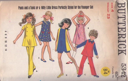 Butterick 5342 Vintage 60's Sewing Pattern Girls' Mod Separates, Contrast Color Block Flared Dress, Militant Tunic Top Blouse, Shorts, Pants For School Size 4