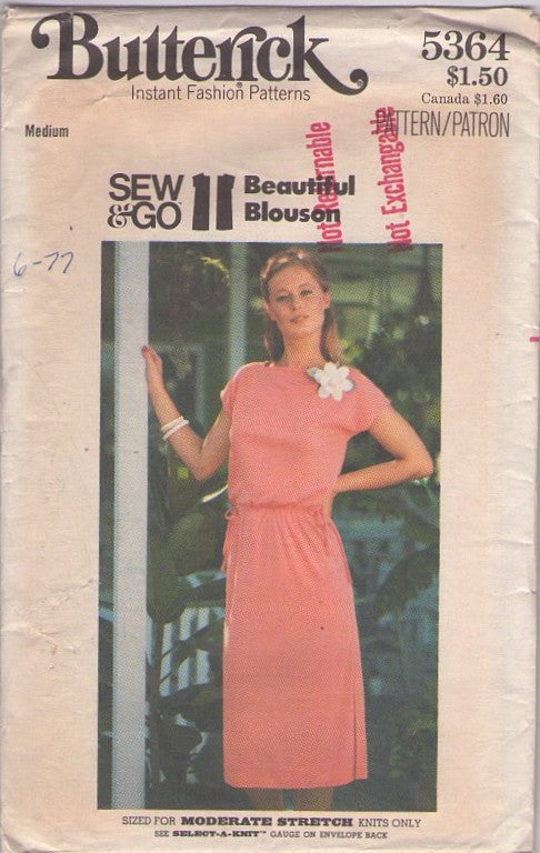 Butterick 5364 Vintage 70's Sewing Pattern Blouson Dress, Boho Sew & Go Drawstring Waist Day Dress Size M