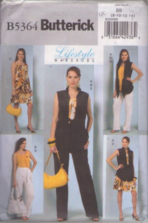 Butterick 5364 Retro 2009 Sewing Pattern Separates, Lifestyle Wardrobe, Loose Sun Dress, Sleeveless Vest Jacket, Pants, Sash Belt Size 8-14