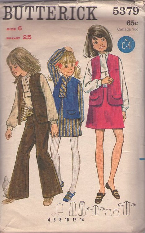 Butterick 5379 Vintage 60's Sewing Pattern Girls' Separates, Partridge Family Performing Looks, Vest, Tie Collar Blouse, Dress, Skirt, Pants Size 6