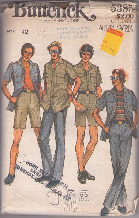Butterick 5385 Vintage 70's Sewing Pattern Mens' Separates, Safari Flap Pocket Shirt, Shirt Jacket, Fly Front Trousers, Bermuda Shorts Size 42 Size L