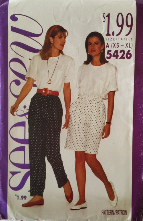Butterick 5426 Vintage 90's Sewing Pattern Easy See & Sew Pants, Long Walking Shorts, All Sizes XS-XL