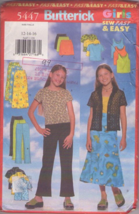 Butterick 5447 Retro 90's Sewing Pattern Teen Girls' Separates, Fashion Essentials, Sew Fast & Easy Tshirt Top, Mini or Midi Skirt, Shirt Jacket Blouse Cover Up, Tank Top, Pants Size 12-16
