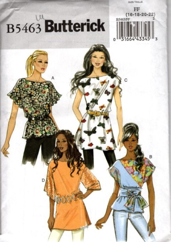 Butterick 5463 Retro 2010 Sewing Pattern Cool Boho Pullover Top, Blouse Set, Bateau Neck, Flutter Sleeves 4 Styles Size 16-22