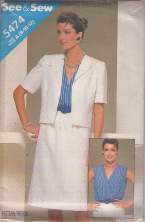 Butterick 5474 Vintage 80's Sewing Pattern Secretary Dress, Jacket, Faux 2 Piece Look, Blouson Contrast Bodice, Wing Collar Cover Up Jacket Size 8-12