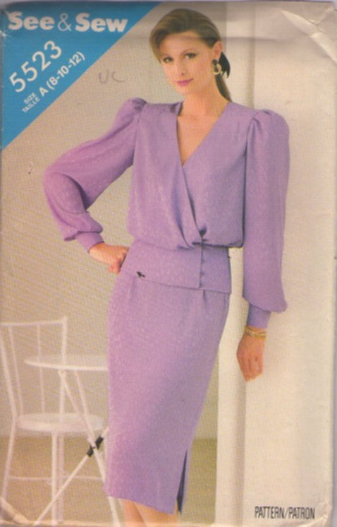 Butterick 5523 Vintage 80's Sewing Pattern See & Sew Top & Skirt, 2 Piece Dress, Over the Hips Peplum Wrap Front Blouse, Slim Skirt Size 8-12