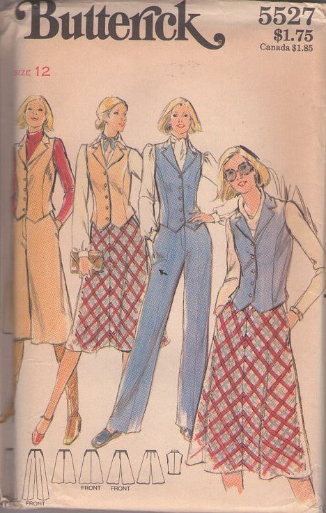 Butterick 5527 Vintage 70's Sewing Pattern Secretary Separates, Annie Hall Looks, Collared Pointed Hem Vest Jacket, Flared Skirt with Pockets, Culottes Split Skit & Trousers Size 12