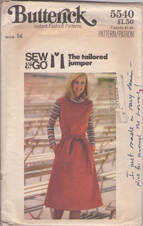 Butterick 5540 Vintage 70's Sewing Pattern Easy Jumpers, Sew & Go, Tailored Sleeveless Jumper Dress, A-Line, Pockets, Tie Belt Size 14