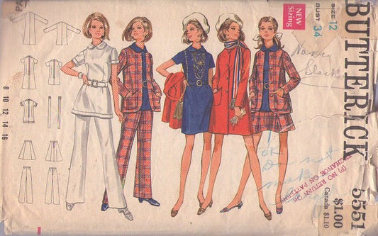 Butterick 5551 Vintage 60's Sewing Pattern Uniform Separates, Retro Nurse, Tunic Top, Flared Pants, Dress, Suit Jacket & Coat Size 12