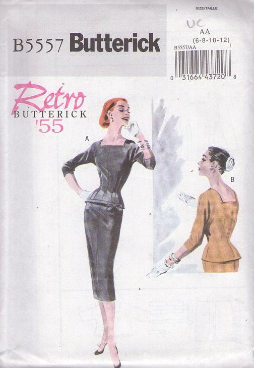 Butterick 5557 Retro 2010 Sewing Pattern 2 Pc Dress, Repro 1955 50s Lucy Dress, Fitted Square Neckline Blouse, Top & Slim Sheath Pencil Skirt Size 6-12