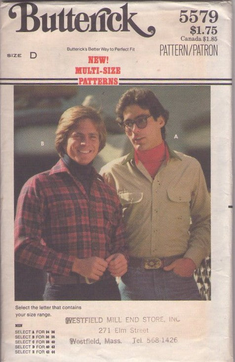 Butterick 5579 Vintage 70's Sewing Pattern Men's Shirts, Hippie Era Flannel Plaid Hunting Shirt, Flap Pockets Casual Shirt 2 Styles Size D 40-42 Large