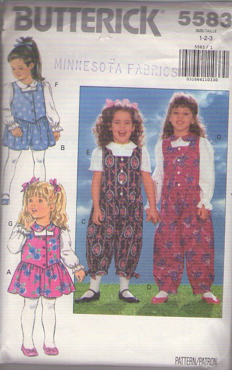 Butterick 5583 Vintage 90's Sewing Pattern Girl's Barrel Leg Jumpsuit, Romper, Basque Waist, Cottagecore, Modest Size 1-3