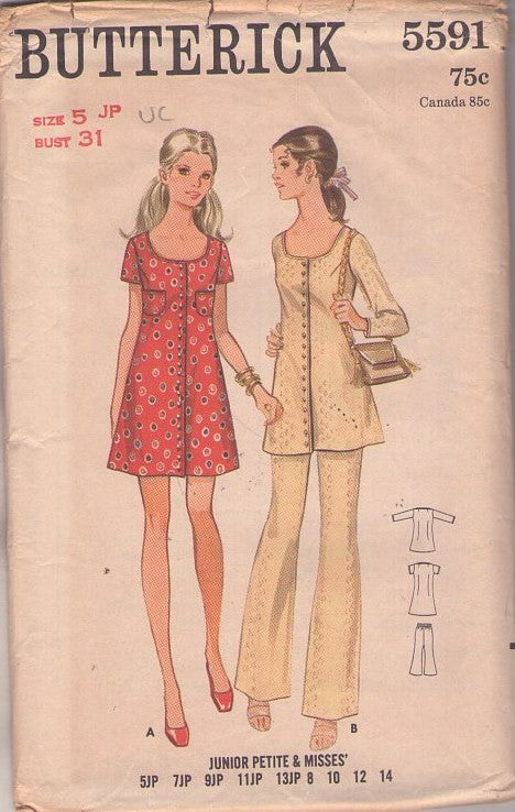 Butterick 5591 Vintage 60's Sewing Pattern Mod Mini Dress, Scoop Neck, Front Buttons Tunic Top Blouse, Pants, Pantsuit Size 5JP