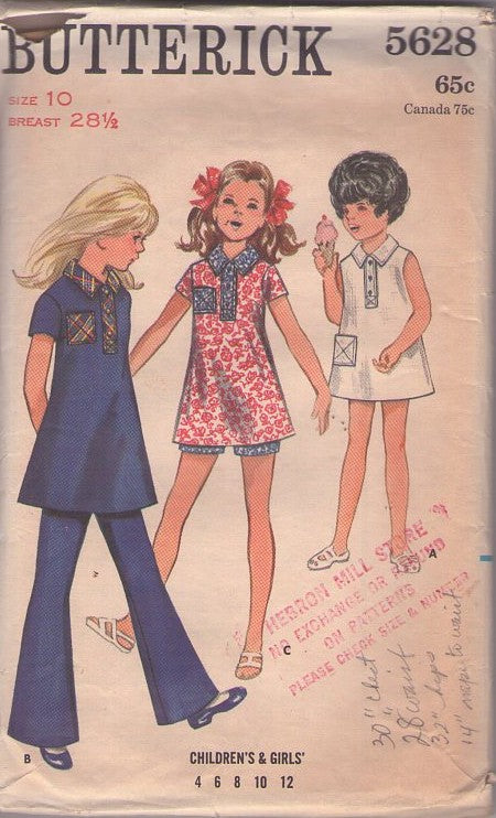 Butterick 5628 Vintage 60's Sewing Pattern Girl's Mod Dress, Tunic Top, Shorts, Bell Bottoms Pants, Size 10