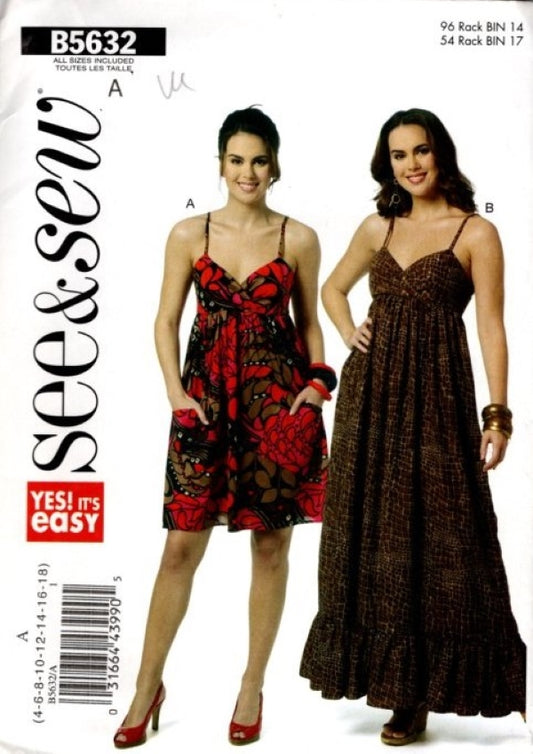 Butterick 5632 Retro 2011 Sewing Pattern Easy See & Sew Boho Sun Dress, Empire Waist, Short or Maxi Gown Size 4-18