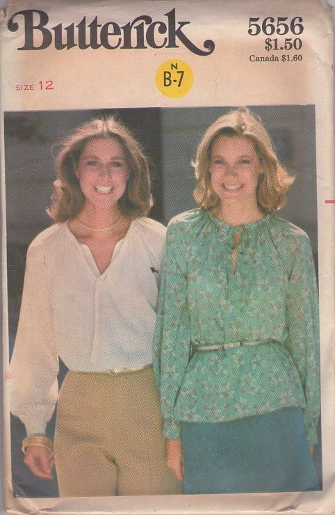 Butterick 5656 Vintage 70's Sewing Pattern Easy Tops, Boho Gauze Gypsy Pullover Top, Drawstring Neckline Size 12