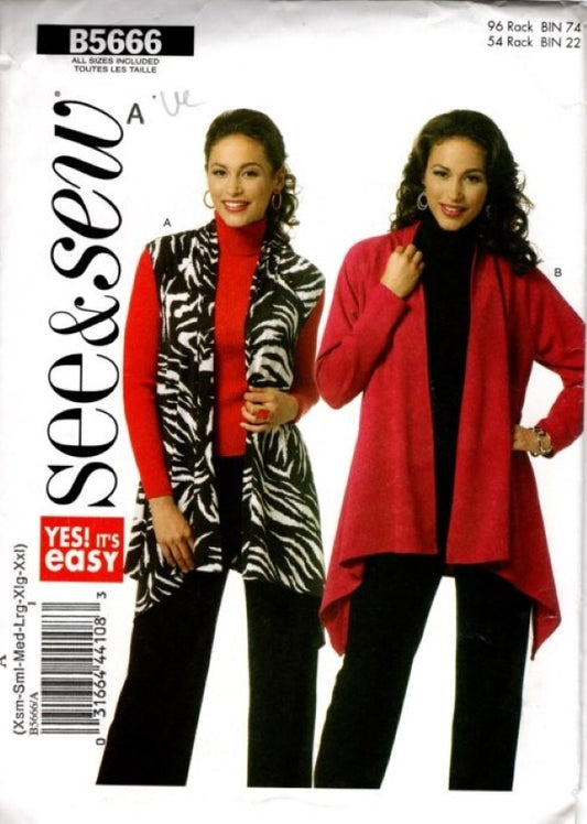 Butterick 5666 Retro 2011 Sewing Pattern See & Sew Easy Draped Cardigan, Sweater Jacket, Vest Size XS-XXL