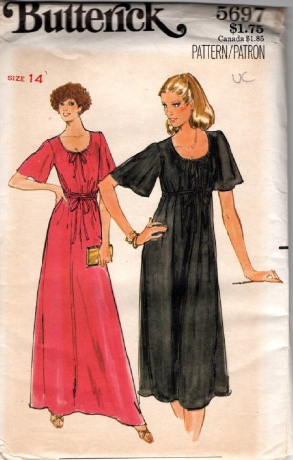 Butterick 5697 Vintage 70's Sewing Pattern Disco Dress, Loose Fit Scoop Neck Flared Fit, 2 Styles Size 14
