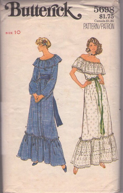 Butterick 5698 Vintage 70's Sewing Pattern Formal Dresses, Mexican Wedding Cottagecore Off Shoulder Maxi Gown, Ruffle Dress 2 Styles Size 10