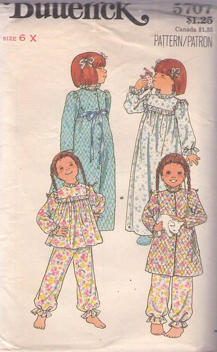 Butterick 5707 Vintage 70's Sewing Pattern Girls' Pajamas, Modest Yoked Long Nightgown, Smock Top Blouse, Pants, Quilted Robe, Bathrobe, Dressing Gown Size 6X