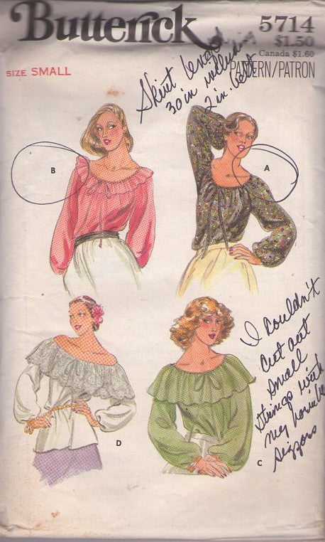 Butterick 5714 Vintage 70's Sewing Pattern Gypsy Tops, Disco, Boho, Scoop Neck or Off the Shoulder FULL Lace Capelet Drawstring Neck Blouse Set 4 Styles Size S CUT